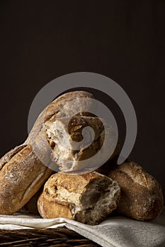 Artisan baguette bread, baking goods in rustic style