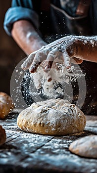 Artisan Baker Preparing Fresh Bread with Flour Dusting. Generative ai