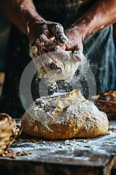 Artisan Baker Preparing Fresh Bread with Flour Dusting. Generative ai