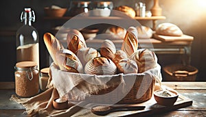 Artisan Bread Basket in Rustic Bakery Setting, AI Generated
