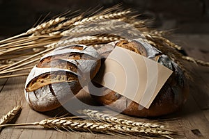 Artisan bread with blank package in rustic setting, warm and inviting ambiance