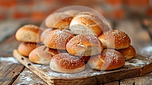 artisan bread display, freshly baked bread rolls on rustic table symbolize high-quality food products