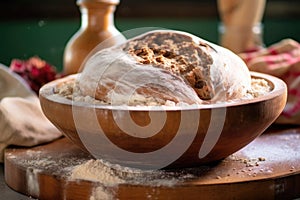 artisan bread dough rising in a wooden bowl