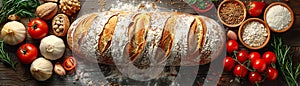 Artisan bread and ingredients on a rustic table