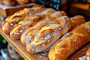Artisan Bread Loaves Displayed on Wooden Shelves.