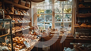 Artisan Bread and Pastries Display in Rustic Bakery Shop