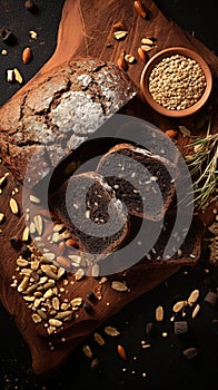 Artisan bread with seeds and nuts on a wooden board., Generated AI