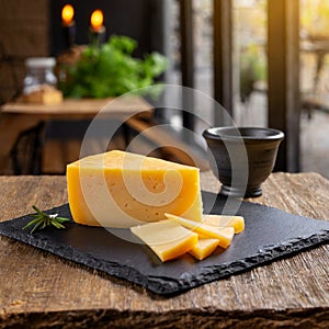 Artisan cheese on rustic kitchen table