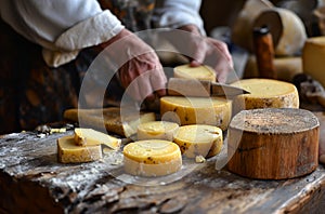 Artisan cheese selection on rustic table