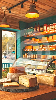 Artisan cheese shop with specialty selections, cozy interior, and soft, focused lighting photo