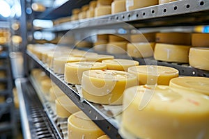 Artisan cheese wheels in factory storehouse maturing. Dairy production food industry