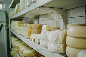 Artisan cheese wheels shelves cheese factory. Traditional craftsmanship, gourmet dairy production