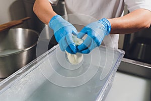 Artisan cheesemaker cuts the mozzarella with hands.