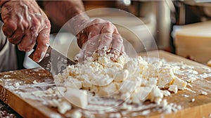 Artisan cheesemaker cutting curd for making fresh ricotta in a cheese factory