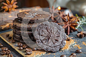 Artisan Chocolate Cookies with Coffee Beans and Star Anise on Rustic Background Gourmet Desserts