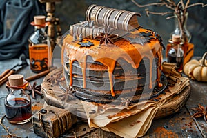 Artisan Chocolate Halloween Cake with Orange Glaze, Festive Decorations, and Vintage Ambiance on Wooden Table