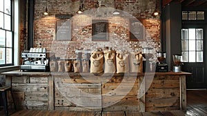 Artisan coffee roaster with exposed brick and burlap coffee bags