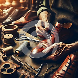 Artisan Crafting Elegant Leather Shoes in a Traditional Workshop