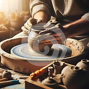 Artisan creating Ceramic Pot on Spinning Pottery Wheel in Workshop photo