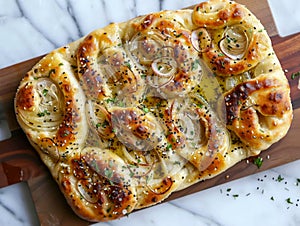 Artisan Focaccia Bread with Caramelized Onions and Herbs on Wooden Board, Freshly Baked Italian Flatbread for Gourmet Appetizer or