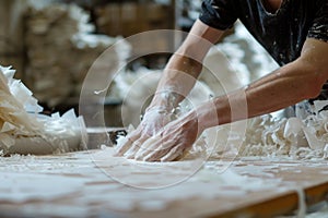 Artisan handling paper during the papermaking process