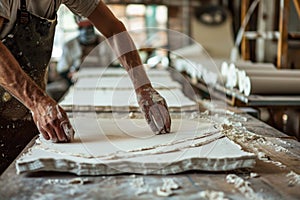 Artisan handling paper during the papermaking process photo