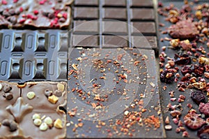 Artisan handmade chocolate. Chocolate bars with dried fruit