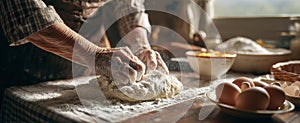 The artisan hands kneading dough in a sunlit kitchen..AI generated image