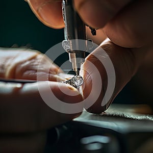 Artisan jeweler securing a round brilliant cut diamond in a ring mount with a setting tool