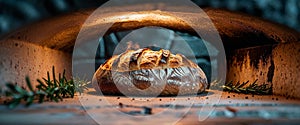 Artisan loaf baking in a warm stone oven