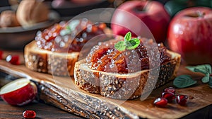 Artisan Multigrain Toast with Chunky Apple Preserve and Fresh Mint on a Carved Wooden Board