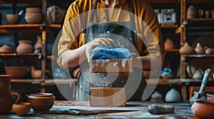 The artisan packing pottery. AI generated