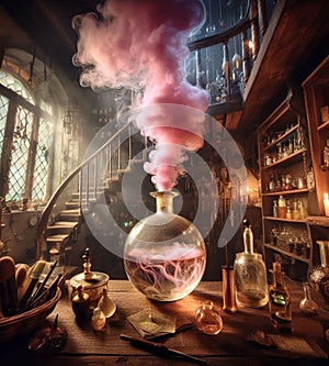 artisan perfume elixir potion maker pharmacist preparing product in medieval steampunk laboratory