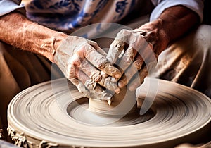 Artisan potter creating clay pieces. Traditional crafts. Handmade. AI generated