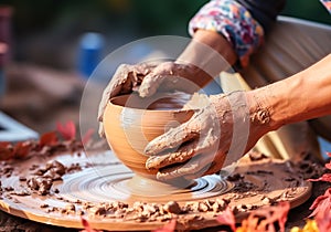 Artisan potter creating clay pieces. Traditional crafts. Handmade. AI generated