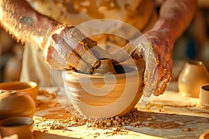 Artisan Potter Shaping Clay on Potter\'s Wheel in Workshop, Handmade Pottery Creation Process, Artistic Craft Close up