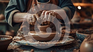 Artisan Potter Shaping Clay on Pottery Wheel. Resplendent.