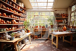 Artisan pottery studio with earthenware and natural light