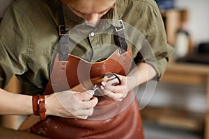 Artisan Sewing Leather Belt Closeup