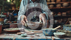 Artisan shaping clay on pottery wheel in workshop