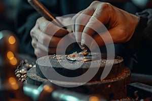 Artisan shaping a jewelry piece at a workshop, focused craftsmanship