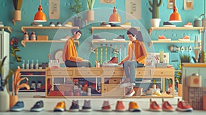 Artisan shoe workshop scene with two joyful workers crafting sneakers