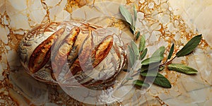 Artisan sourdough bread with Italian herbs, top view. Close-up. Flat lay.