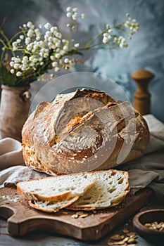 Artisan Sourdough Bread on Rustic Table with Wheat Stalks