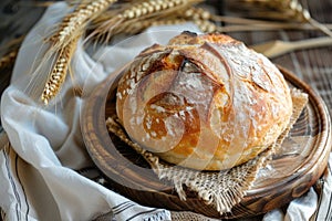 Artisan Sourdough Bread on Rustic Table with Wheat Stalks