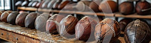 Artisan sports gear workshop, athletic design meeting theatrical presentation, hand-sewn leather footballs on display photo
