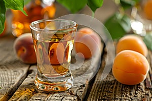 Artisanal Apricot Liqueur in a Glass, Accompanied by Fresh Apricots on a Textured Background