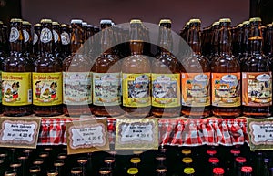 Artisanal beer from Oncle Hansi brand on display at a store, Strasbourg, France