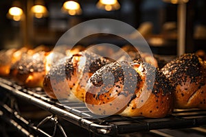 Artisanal bread loafs in cooling rack at bakery