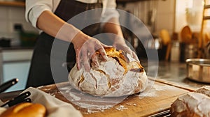 Artisanal bread-making by hipster, making sourdough in a cozy kitchen. Traditional, handcrafted bread, dedication to culinary